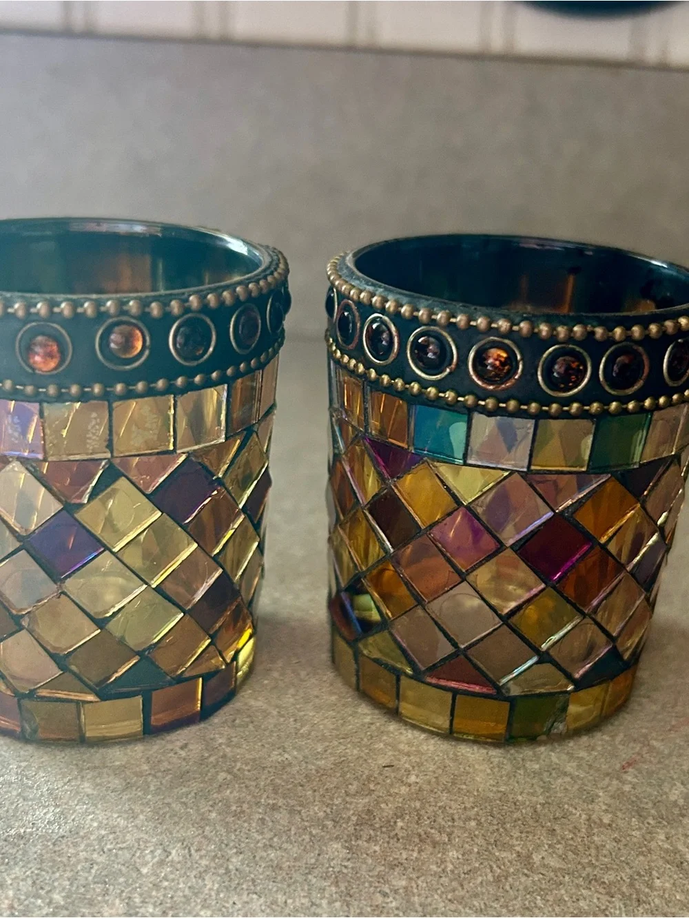 Iridescent Amber Mosaic Votive Holders - Set of 2